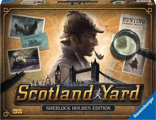 Board game cover for Scotland Yard: Sherlock Holmes Edition featuring illustrations of Sherlock Holmes, a hot air balloon, and London landmarks, with game elements like a magnifying glass and cards.