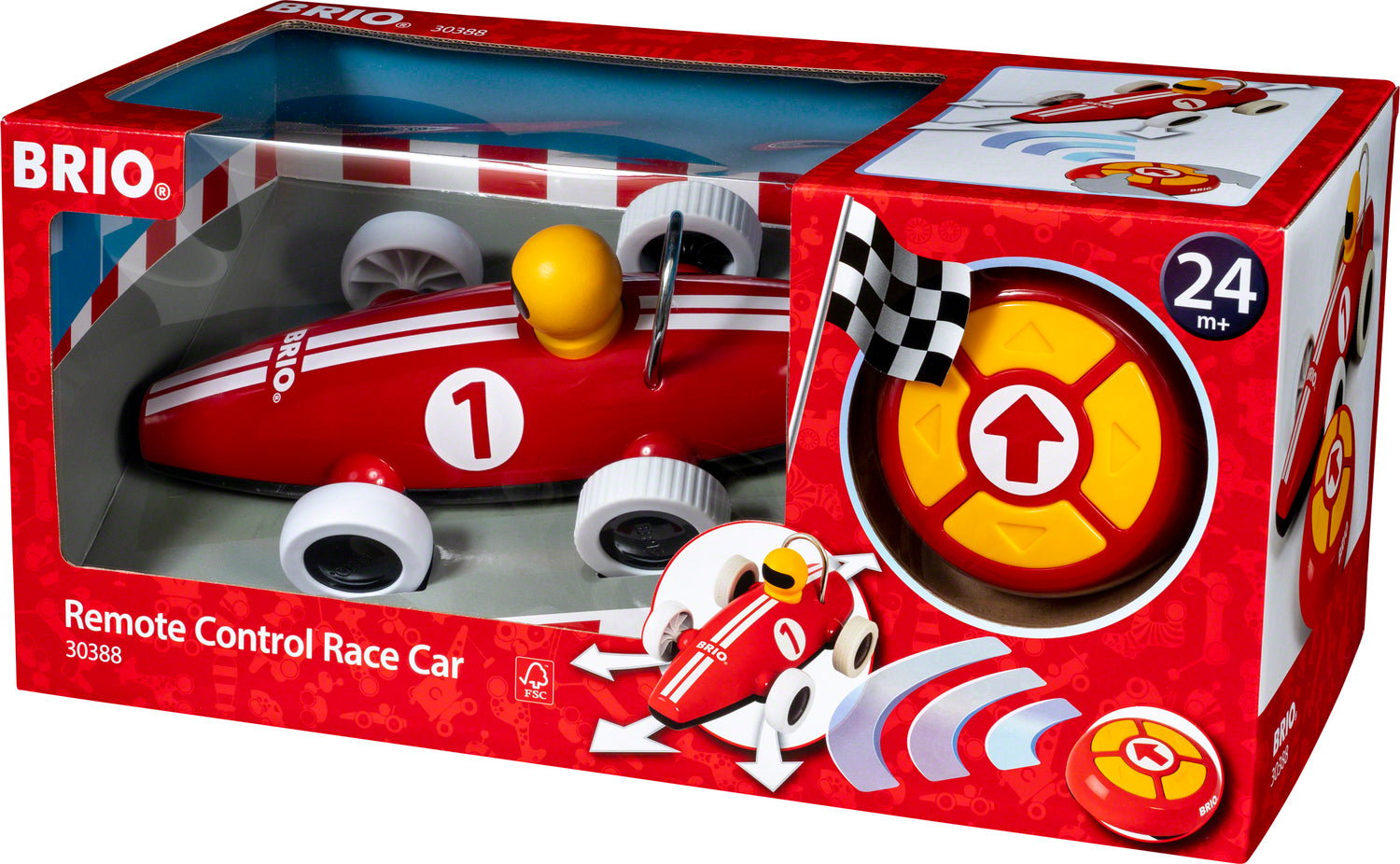 A remote control race car set with a bright red chassis and classic BRIO looks, including a remote control.