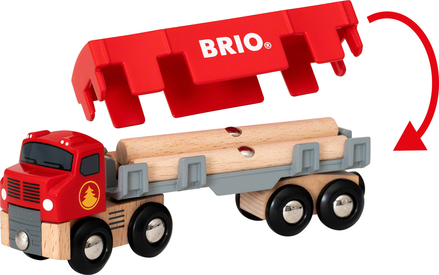 A red toy lumber truck with a detachable trailer carrying wooden cargo, designed for children's play.