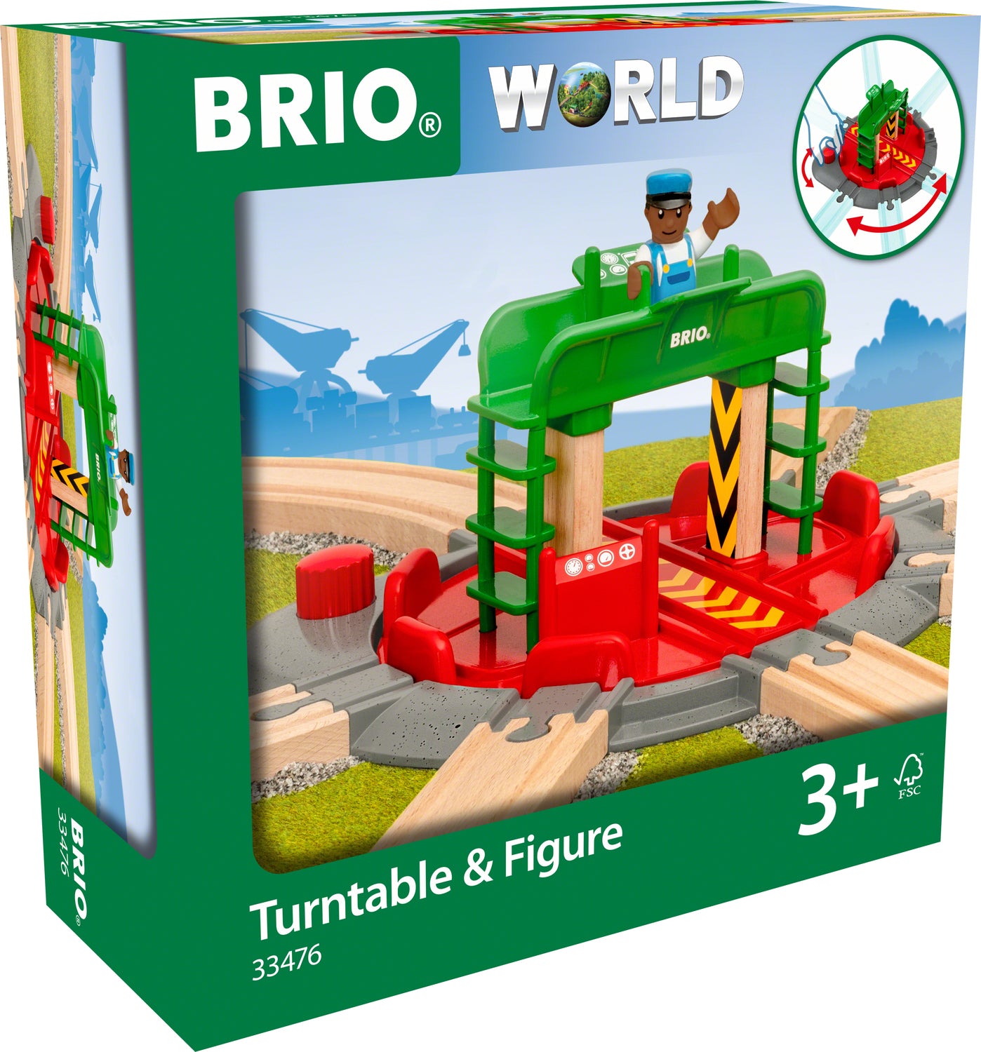 BRIO Turntable & Figure toy set packaging, featuring a drawing of the product with a red turntable and green train engineer figure against a scenic background.