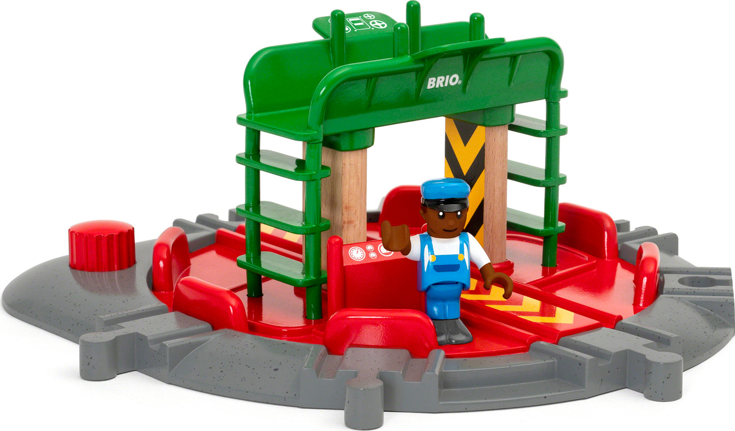 closer shot of turntable with red and green features and a figure waving at the camera.