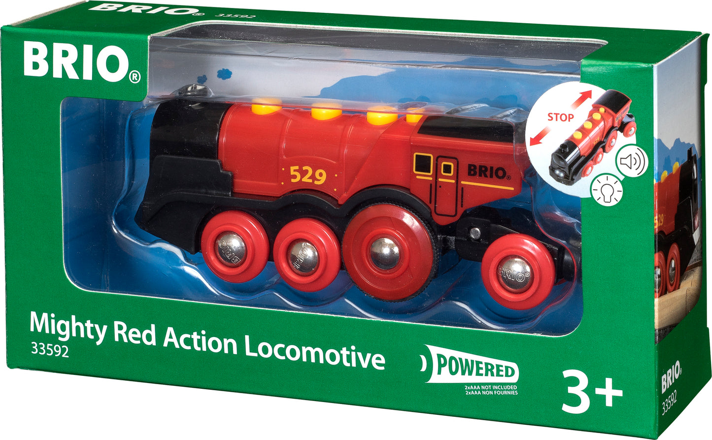 BRIO Mighty Red Action Locomotive toy train in packaging, predominantly red with black and yellow accents on the train, and a 'choo-choo' sound feature label.