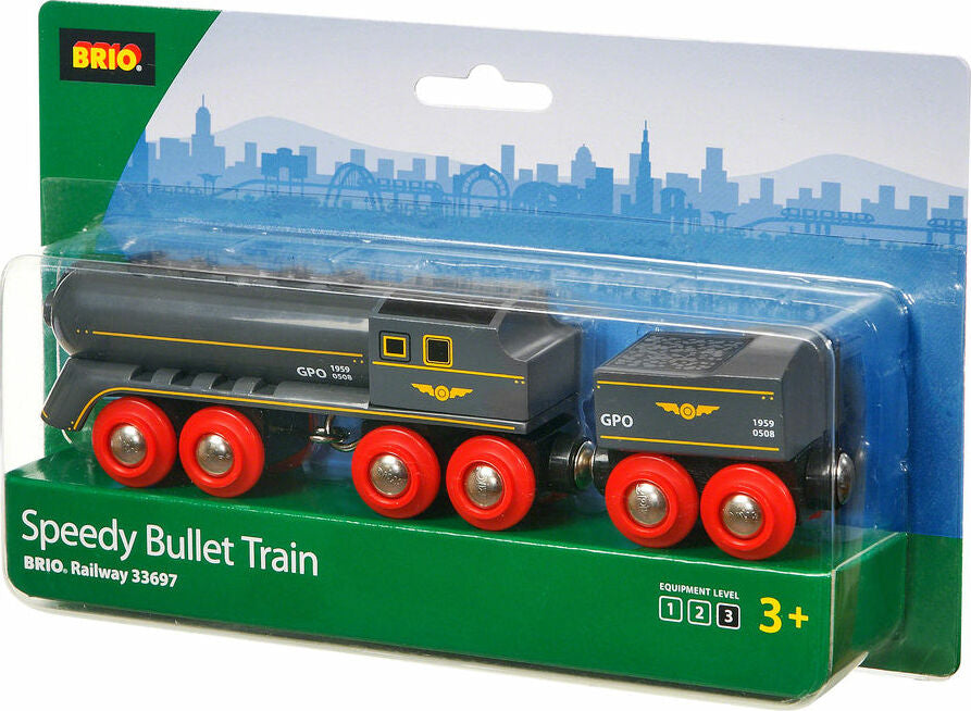 Packaged BRIO Speedy Bullet Train toy with a black engine and red wheels, displayed in front of a cityscape background.