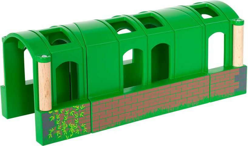 Green toy train tunnel with wooden and brick elements on a white background