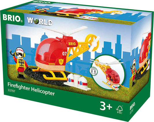 BRIO World Firefighter Helicopter toy set packaging with cityscape background