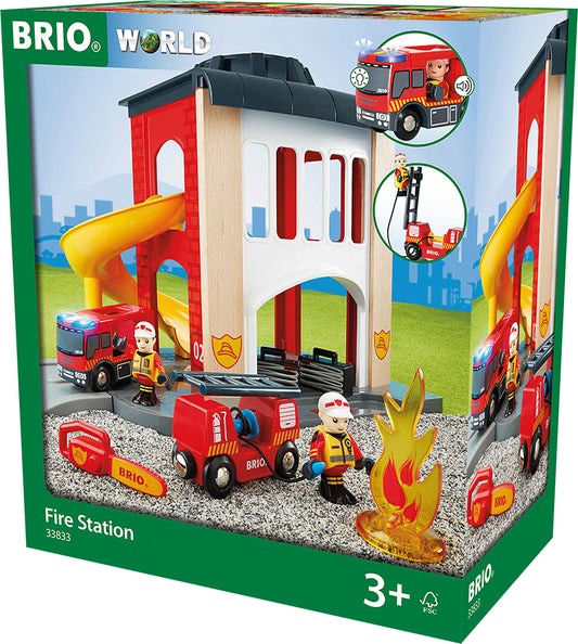 BRIO Fire Station toy set packaged in a box, featuring a fire station building, fire engine, firefighters, and other fire rescue equipment.