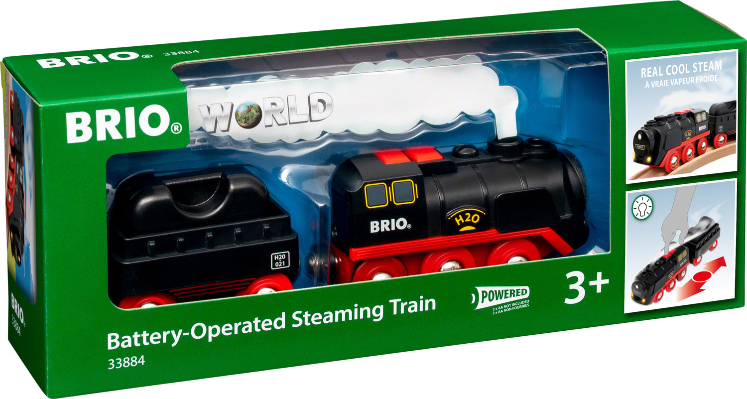 BRIO battery-operated steaming train set in packaging with green border. Black train with red wheels and images of steam coming out of top.