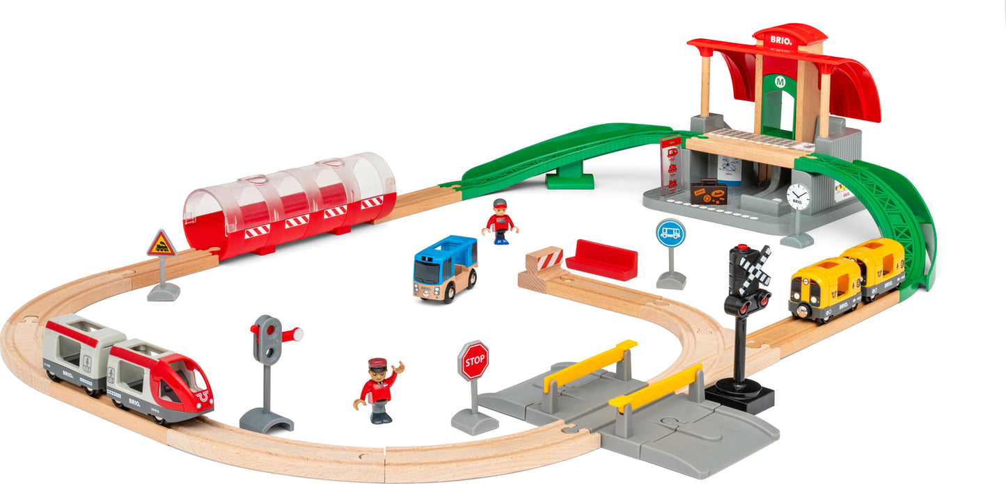 train station playset displayed on white background.