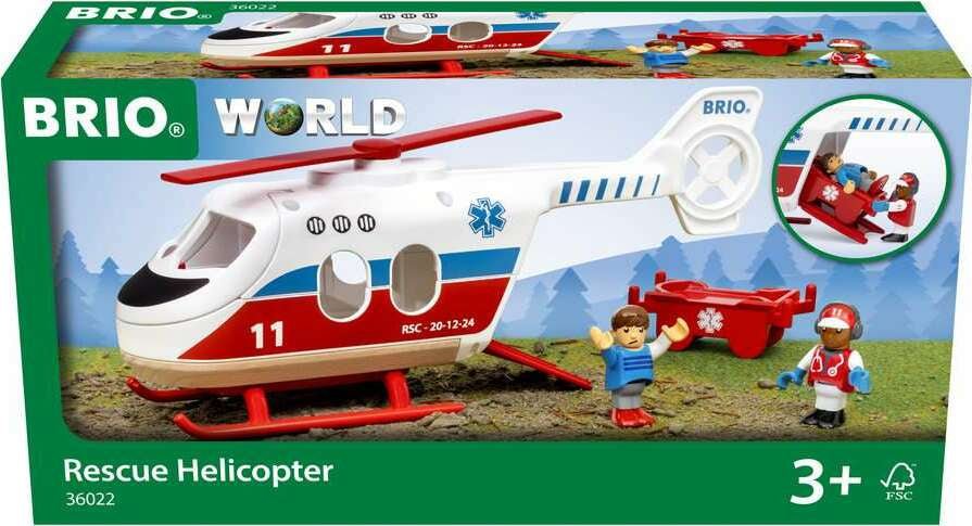 BRIO World Rescue Helicopter toy set packaging with helicopter and figures on a green background