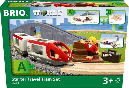 A BRIO World Starter Travel Train Set with a red and gray engine, a passenger wagon, tracks, a tunnel, a bridge, and play figures including a driver and a passenger with luggage.