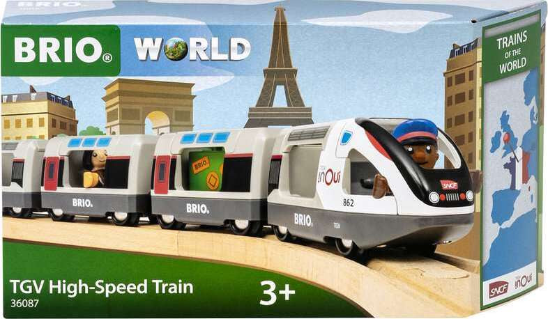 Boxed BRIO World TGV High-Speed Train set, with visual of the train and famous French landmarks in the background, indicating it is a toy train set for children aged 3+.