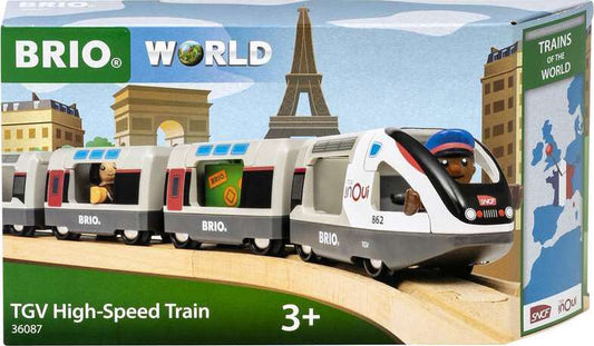 Boxed BRIO World TGV High-Speed Train set, with visual of the train and famous French landmarks in the background, indicating it is a toy train set for children aged 3+.