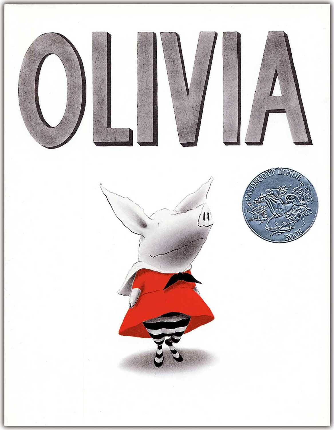 Cover of the book 'OLIVIA' featuring an illustration of a pig character wearing a red dress and a bowler hat, with a decorative coin illustration to the side.