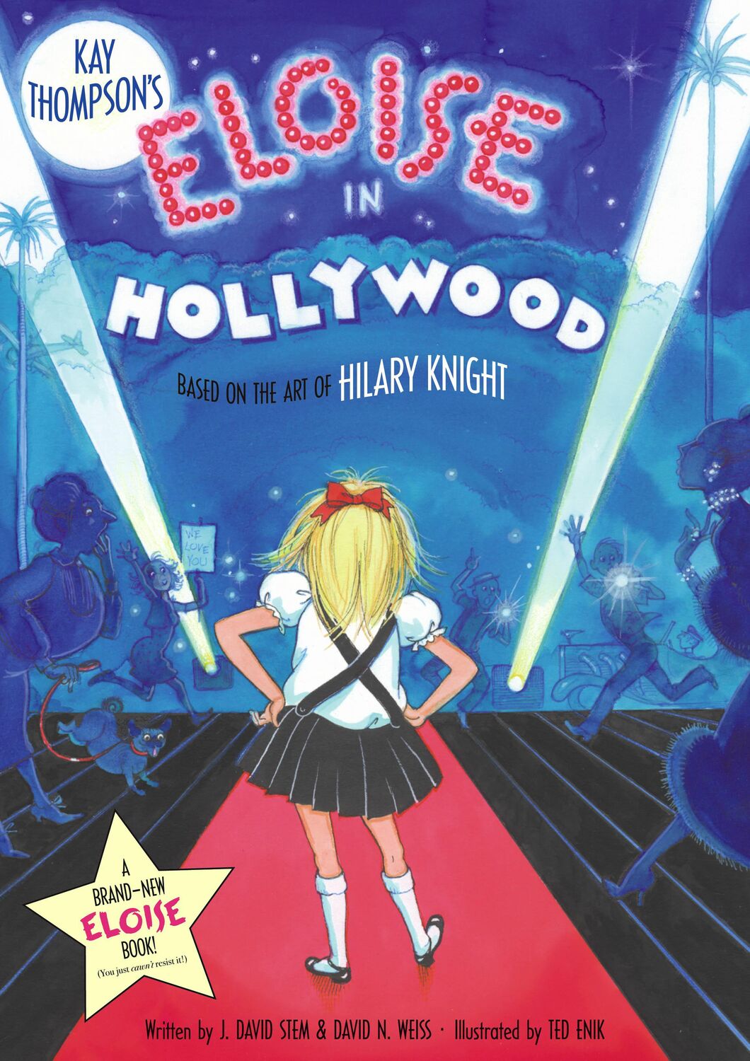 Book cover of 'Eloise in Hollywood' with a character on a red carpet and blue background.