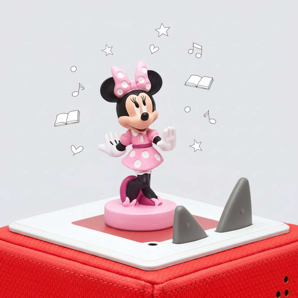 Minnie Mouse figurine on a red tonie box with decorative elements in the background
