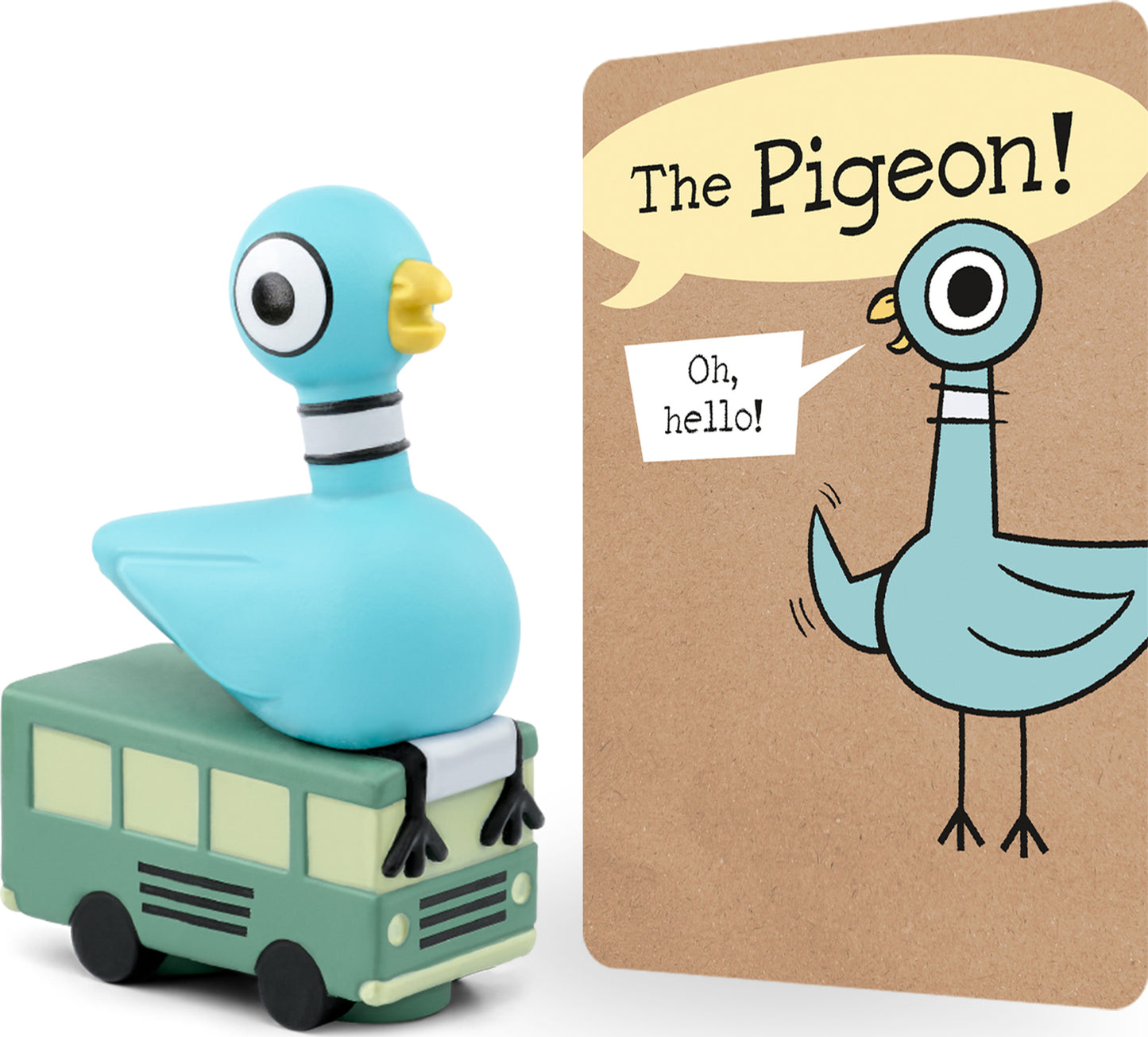 A figurine of a pigeon sitting on top of a toy bus next to it a promotional background for the book The Pigeon.