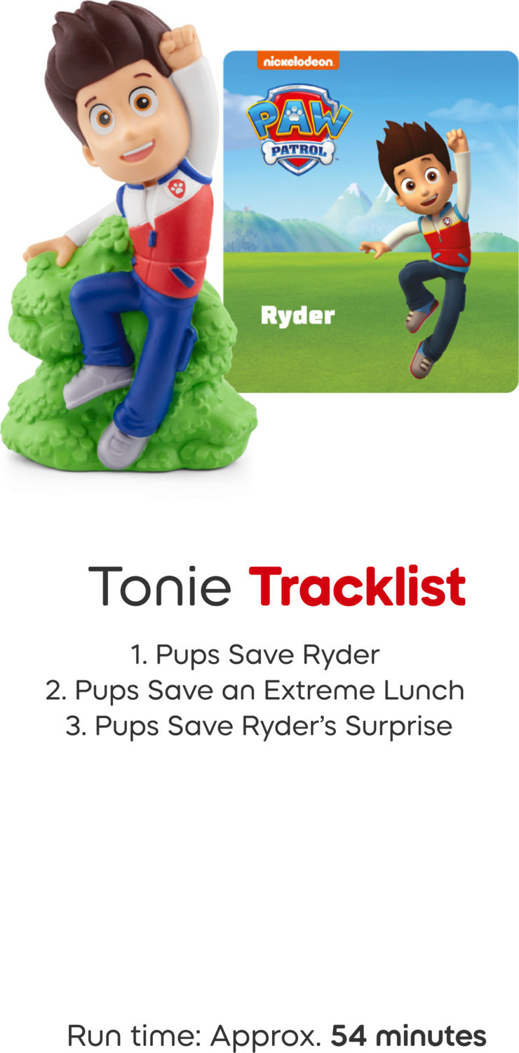 Tonie figurine with a card featuring a character named Ryder and a list of Tonie tracks.
