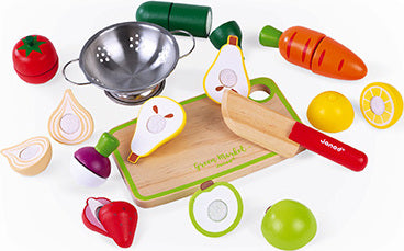 Set of Wooden fruits and vegetables with cutting board, Knife and stainer
