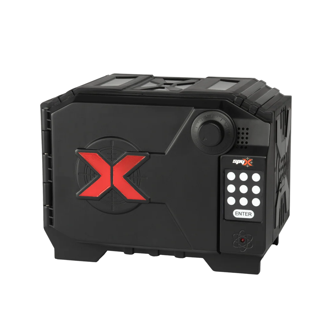 A rugged black electronic device with a red 'X' logo on the front, featuring a rotary knob and a keypad with white buttons on the right side, set against a plain white background.
