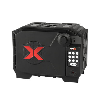 A rugged black electronic device with a red 'X' logo on the front, featuring a rotary knob and a keypad with white buttons on the right side, set against a plain white background.