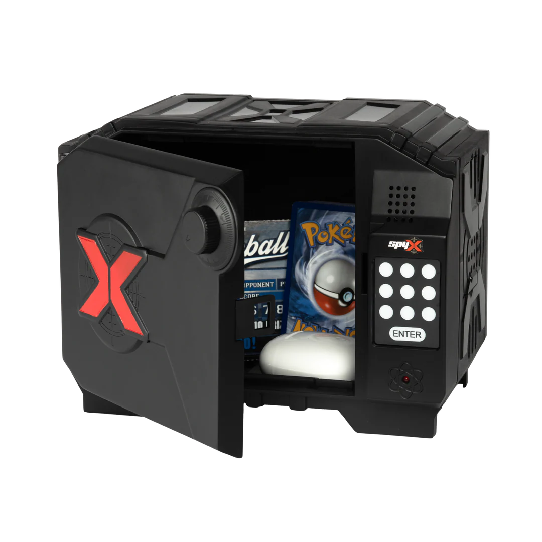 A black smart safe with a digital keypad and open door, showing Pokémon cards and a white item inside, on a white background.