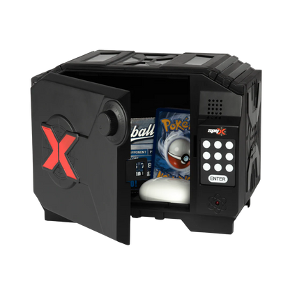 A black smart safe with a digital keypad and open door, showing Pokémon cards and a white item inside, on a white background.