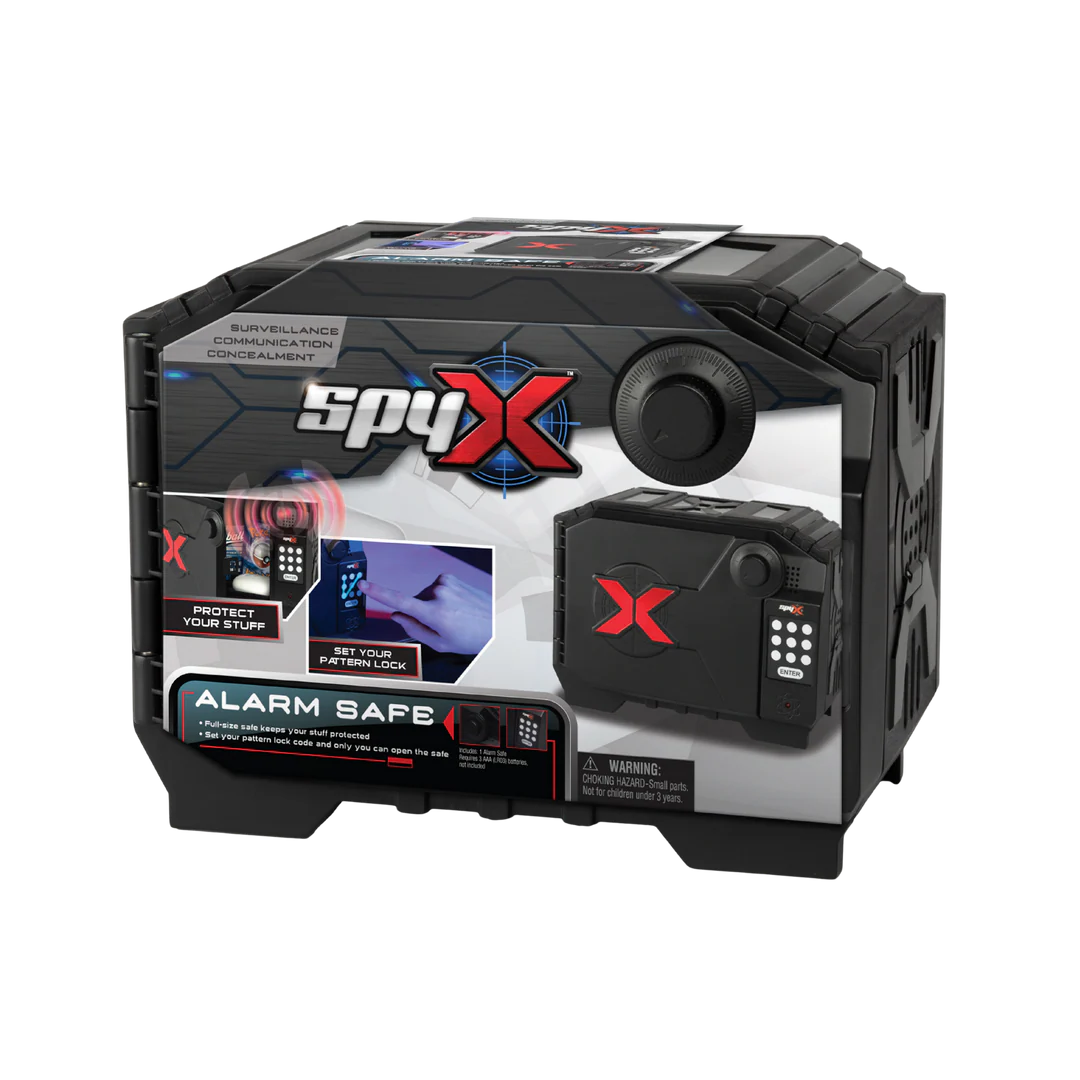 SpyX alarm safe security communication device in black with red and silver branding, shown on a plain white background.