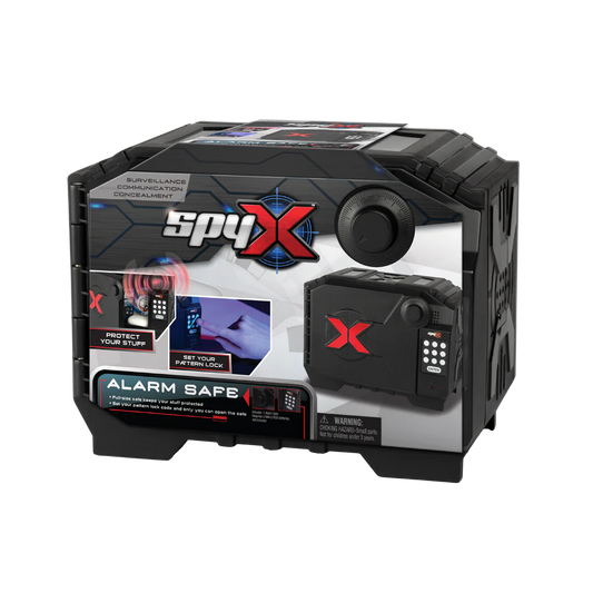 SpyX alarm safe security communication device in black with red and silver branding, shown on a plain white background.