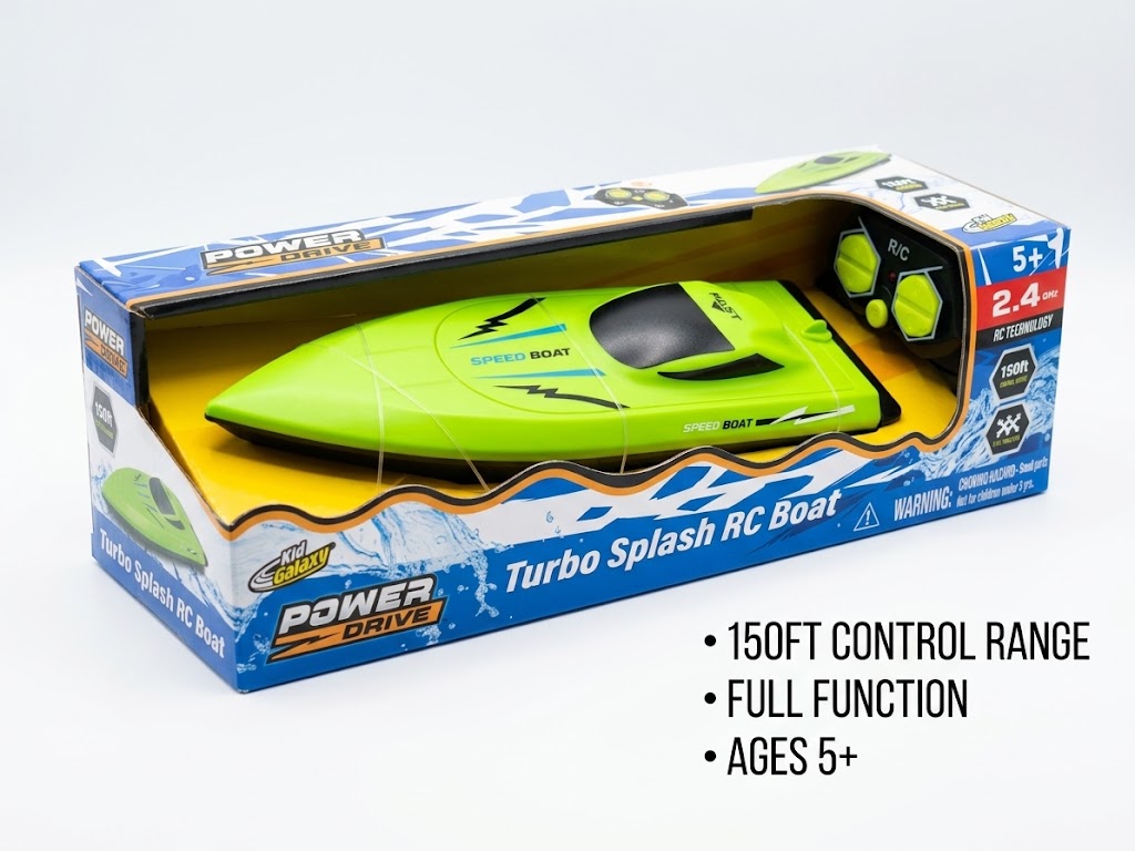 Turbo Splash RC Boat toy package containing a bright lime green remote control speedboat and its matching controller, displayed on a clean white background with feature text overlays.