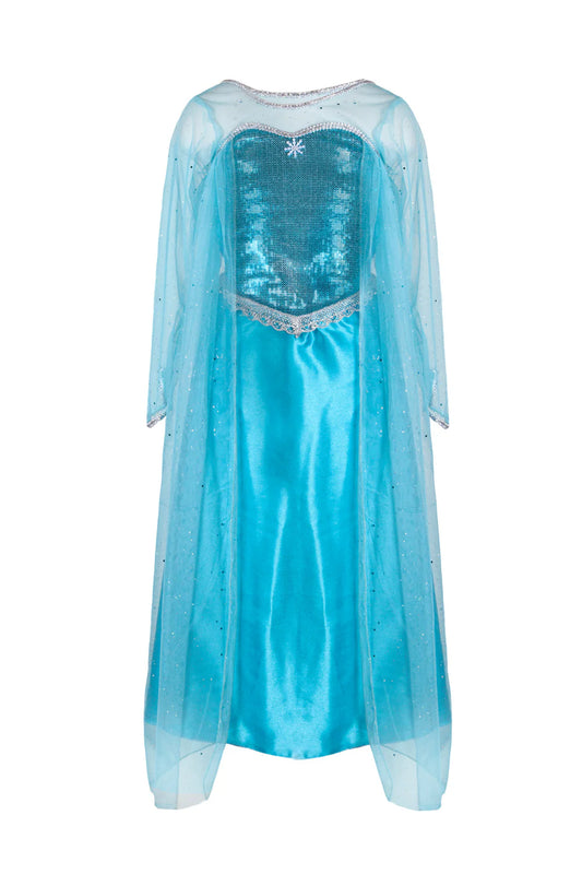 Elsa inspired blue sparkly dress with silver details, sheer sleeves, and a shimmery attached cape.