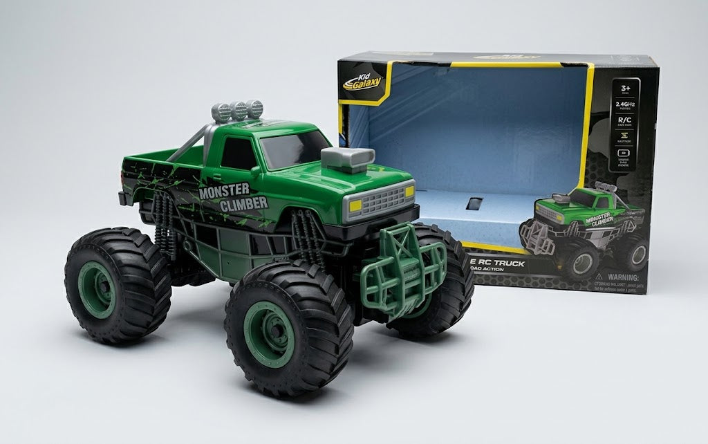 A green remote control monster truck toy with oversized black tires, shown next to its retail packaging box on a light gray background.