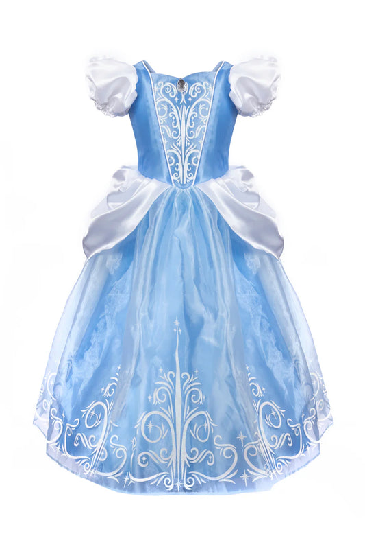 Blue cinderella inspired princess dress with white details on a white background