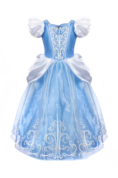 Blue CINDERELLA princess dress with white detailing on a white background