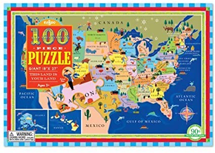 A colorful 100-piece puzzle depicting a map of the United States with illustrations representing key industries and wildlife associated with each state.