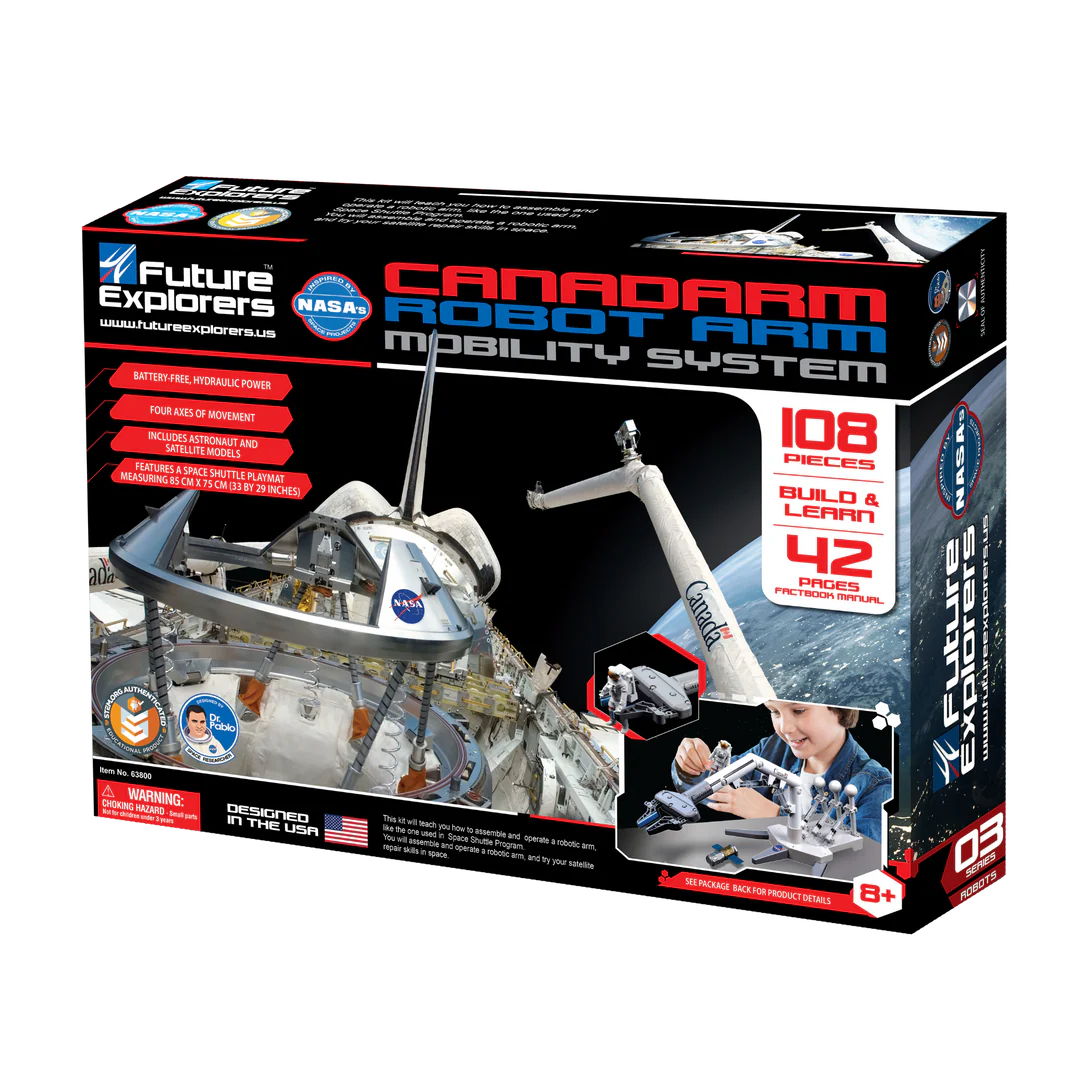 Canadarm Mobility System toy building kit box by Future Explorers, featuring a space-themed design with a large canadarm arm, spacecraft, and text highlighting 108 pieces and 42 assembly steps.