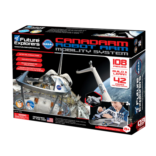 Canadarm Mobility System toy building kit box by Future Explorers, featuring a space-themed design with a large canadarm arm, spacecraft, and text highlighting 108 pieces and 42 assembly steps.