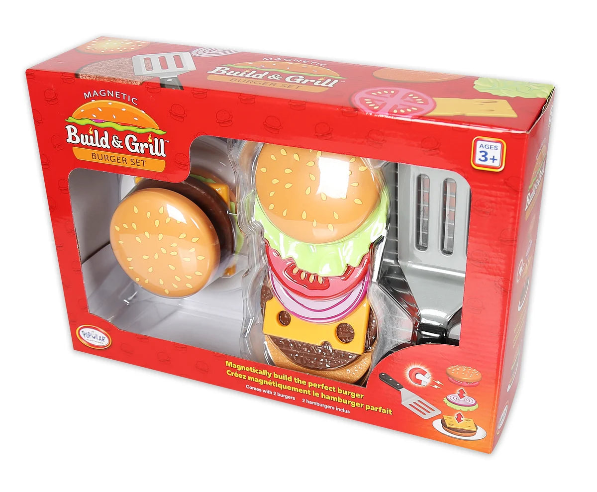 Toy burger set packaging with a red box featuring toy burgers and a grill.