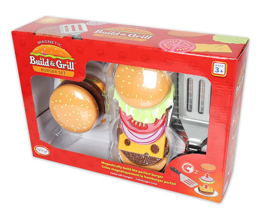 Toy burger set packaging with a red box featuring toy burgers and a grill.