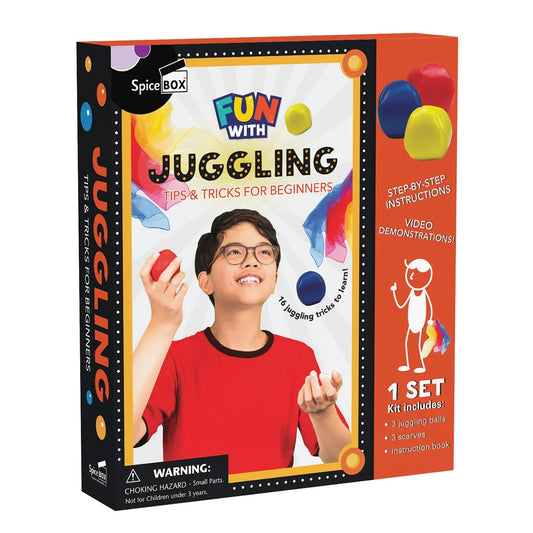 SpiceBox Juggling kit packaging with a child juggling and colorful balls on an orange background