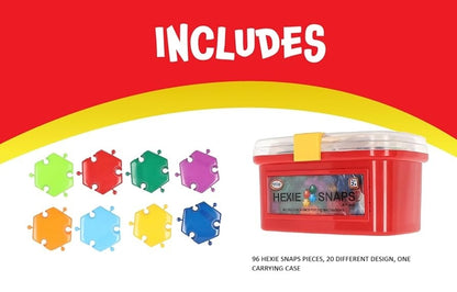 A graphic titled INCLUDES: 
On the left, eight colorful, hexagonal building tiles are displayed. On the right, a clear plastic carrying tub with a bright red lid and a HEXIE SNAPS label holds the pieces inside. Below, small text reads: "96 HEXIE SNAPS PIECES, 20 DIFFERENT DESIGN, ONE CARRYING CASE."