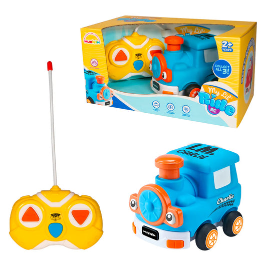 Toy train with remote control and packaging on a white background