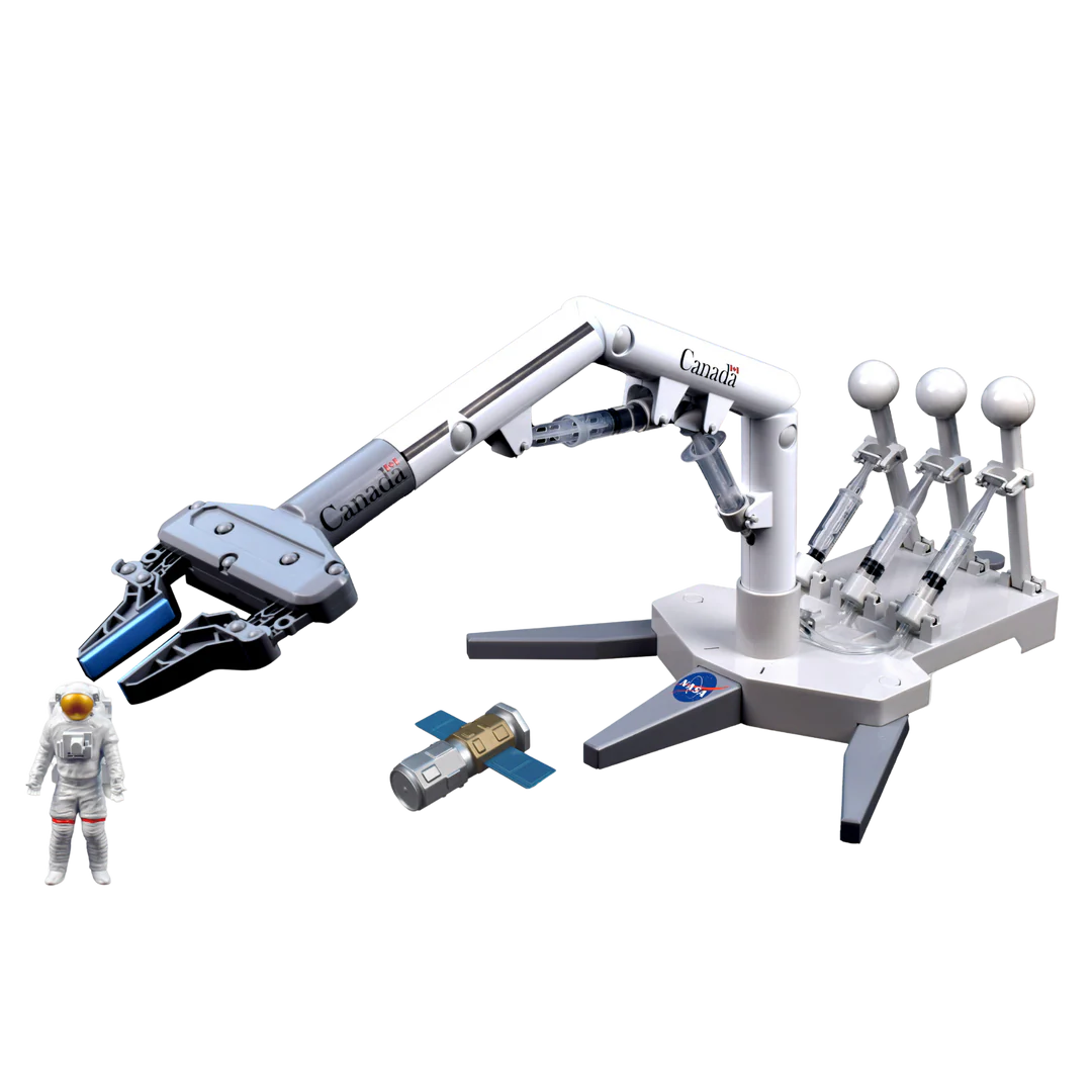 A white and gray robotic arm set with multiple joints and grippers, shown on a clean white background. The set includes a base with several articulated arms, a separate robotic claw, a small astronaut figure, and a small capsule-like object.