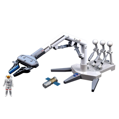 A white and gray robotic arm set with multiple joints and grippers, shown on a clean white background. The set includes a base with several articulated arms, a separate robotic claw, a small astronaut figure, and a small capsule-like object.