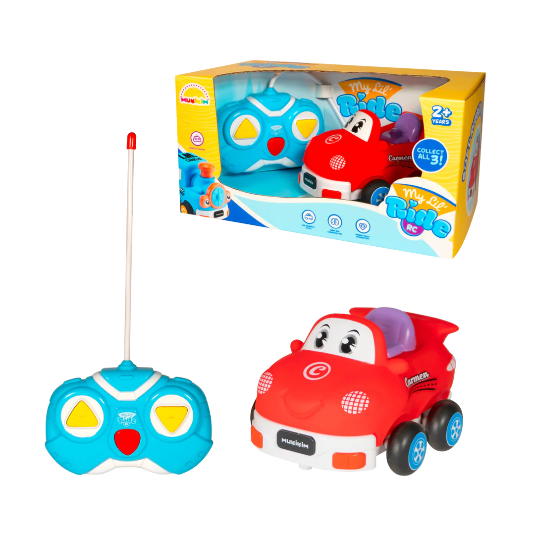 A children's remote-controlled toy car set shown with its retail box on a white background. The set includes a red cartoon-style toy car and a blue remote control with a long antenna.