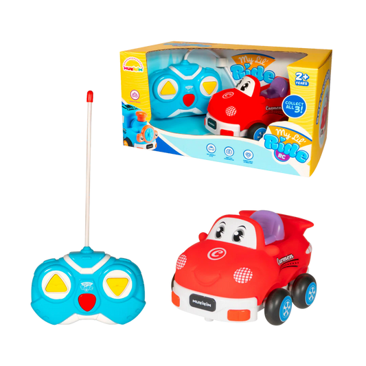 A children's remote-controlled toy car set shown with its retail box on a white background. The set includes a red cartoon-style toy car and a blue remote control with a long antenna.