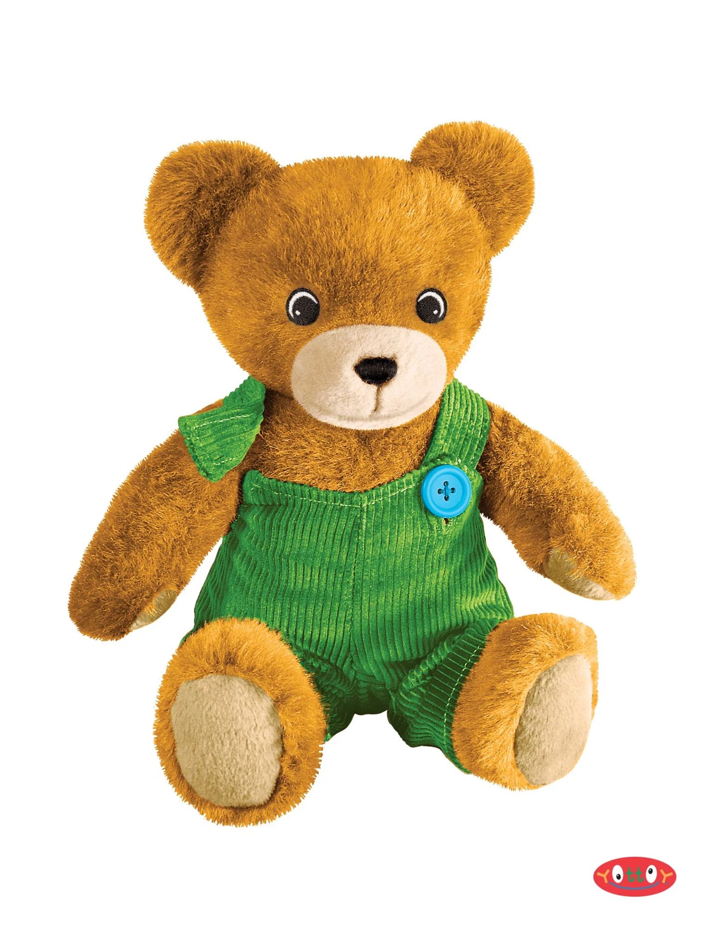 brown bear with green overalls and sewed in eyes 