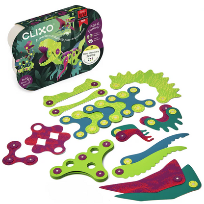 Clixo dinosaur magnetic play set with its retail box and multiple colorful dinosaur-shaped magnetic pieces arranged on a white background.