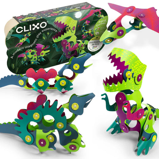 Colorful dinosaur toy set with Clixo packaging on a white background