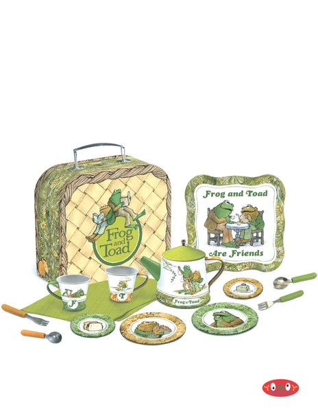 Frog and Toad tea time play set with a carrying case, teapot, cups, plates, and utensils on a white background.