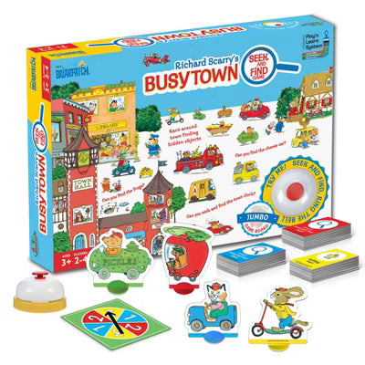 The product image for Richard Scarry's Busytown Seek and Find shows the colorful game box alongside its contents: a large jumbo illustrated game board, a deck of cards, character standees in vehicles, a green-and-blue spinner, and a yellow call bell.